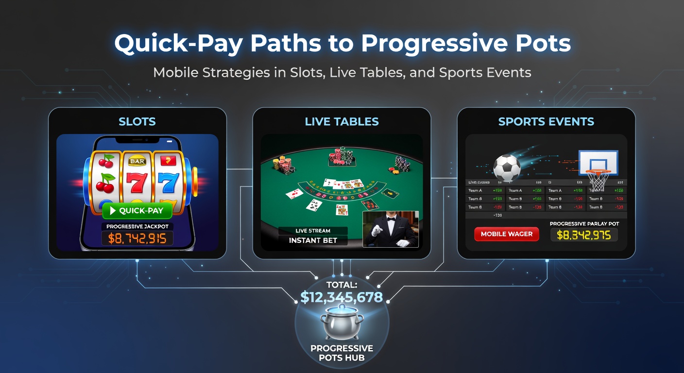 Live-Dealer-Tisch auf Smartphone-Bildschirm mit progressivem Side-Bet-Jackpot und Quick-Pay-Button, daneben Sportwetten-App mit Parlay-Option